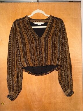 Veronica Beard Black and Mustard Striped Paisley V-Neck Blouse